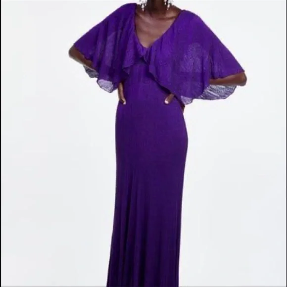24.-🥰🥰ZARA Metallic Purple Cape Maxi Dress🥰🥰 - Picture 3 of 15